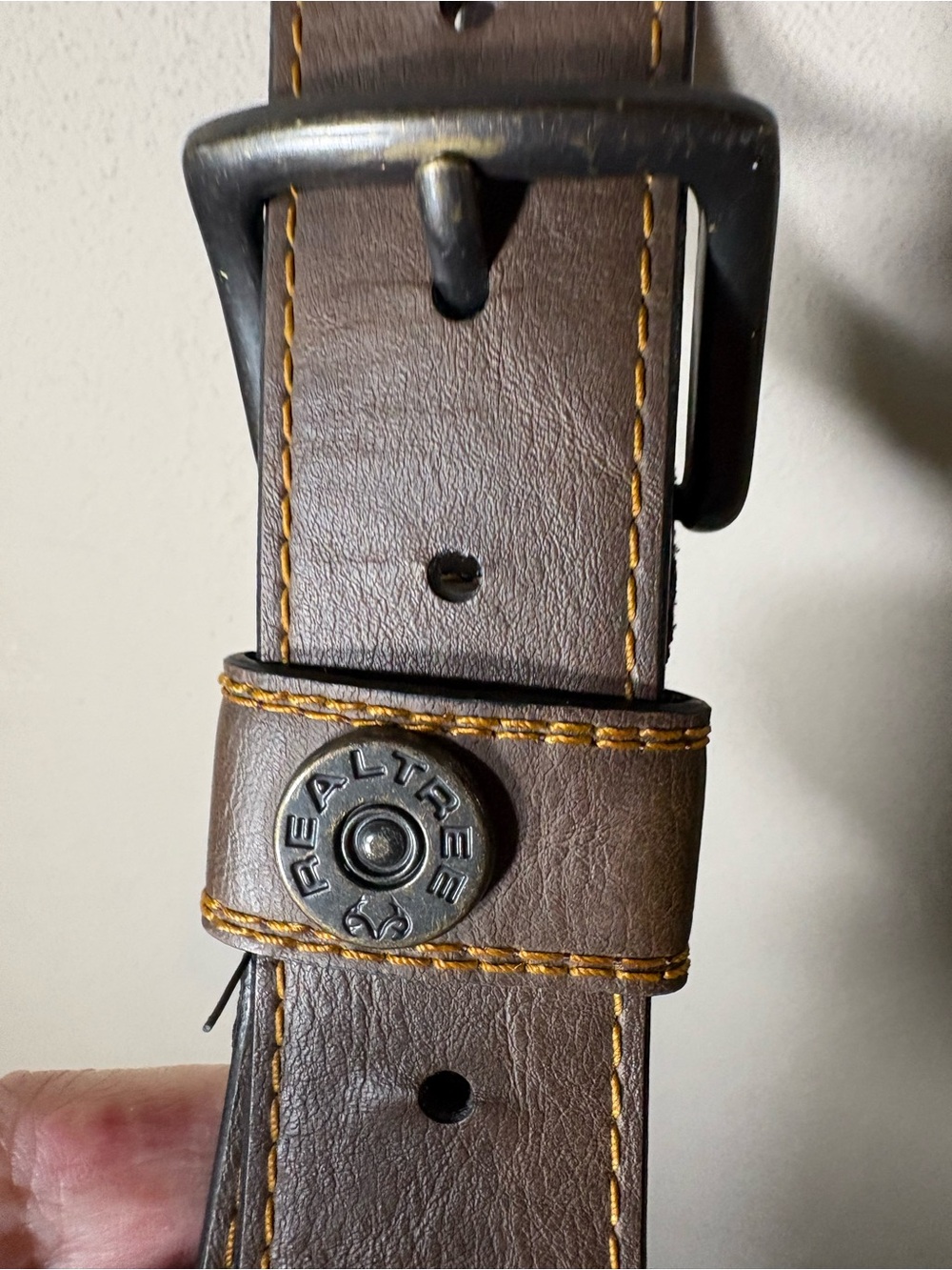 Realtree Brown Leather Belt with Yellow Stitching and Branded Snap